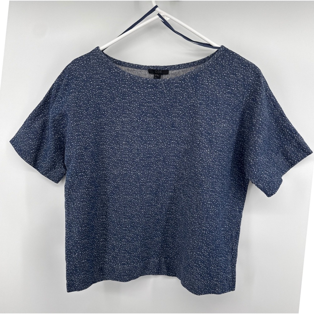 COS Blue White Speckled Linen Cotton Boxy Short Sleeve Top Womens EUR 38 US 8